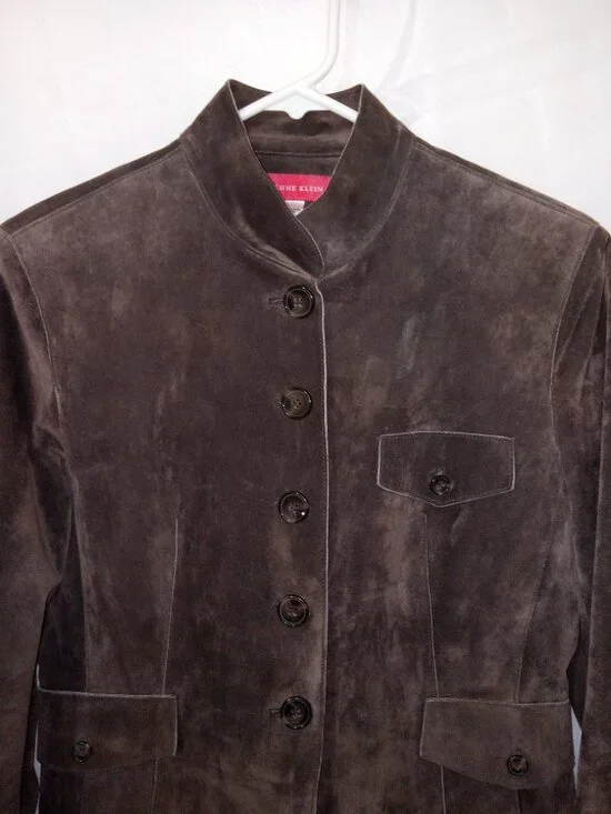 Vintage 90s Anne Klein Suede Leather Jacket Brown Mandarin Collar Button Front M - Picture 4 of 11